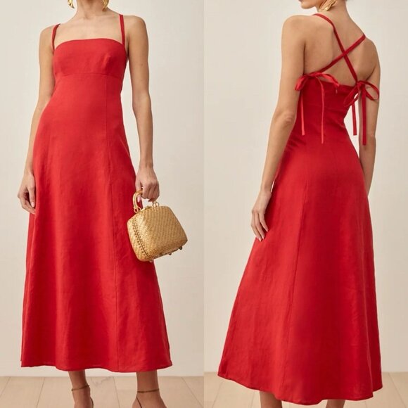 Reformation Red Linen Maxi Dress Sz 12 Romantic Boho Vacation